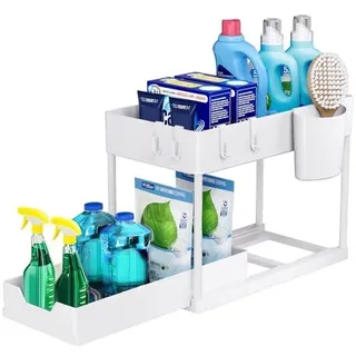 Puricon Unter Waschbecken Regal, 2 Etagen Standregal Küche Arbeitsplatte Regal Organizer, Mehrfunktional Küchenregal Gewürzregal Unterschrankregal Spülschrankregal -Weiß