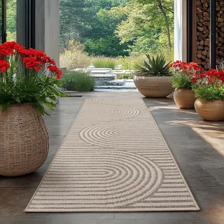 HomebyHome Outdoor Teppich Beige 80x250 cm Läufer Wetterfest UV-beständig Pflegeleicht Skandinavisches Boho Design für Küche Balkon Terrasse Wohnzimmer
