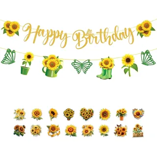 ZenyTra Sonnenblumen Geburtstags Set - Happy Birthday Girlande & 20 Transparente Sonnenblumen Sticker - Blumen Deko für Erwachsene, Kinder, Baby Party, Sommerfest & Gartenfeier