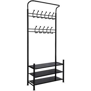 Generisch Garderobenständer mit Schuhablage, Kleiderständer Stabil aus Metall, Schuhschrank mit Garderobe, 11 Haken, 82 x 30 x 190 cm, 3-in-1 Design für Flur, Eingang - Schwarz