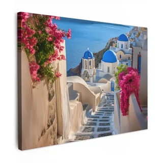 OnlyWow© Outdoor Kunstdruck 70x50 cm Dekoration Garten Wetterfestes Leinwandbild Außenbereich Wall Decoration Terrasse Moderne Bild Draußen Santorin - Blumen - Griechenland