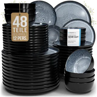 Steingut Geschirrset 12 Pers. Ibiza 48-tlg Hochwertiges Mediterranes Steingut Geschirr Set - Schüssel- und Teller Set - Tafelservice 12 Personen Geschirrsets Pure Living in Graublau