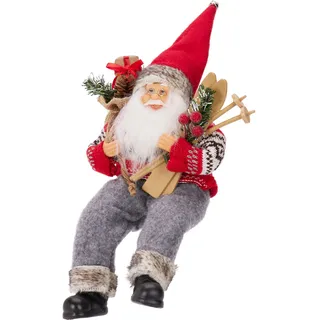 Sitzender Weihnachtsmann mit Skiern & Tasche für ein festliches Heim, grau/rot - Weihnachtsdeko für eine besinnliche Adventszeit, Kamin & Fensterbank