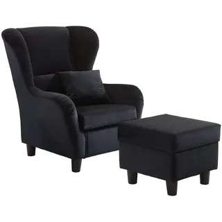 lifestyle4living - Moderner Ohrensessel mit Hocker – Große Auswahl an Stoffen und Farben - Gemütlicher Designer-Sessel im eleganten Landhaus-Stil, Samtschwarz