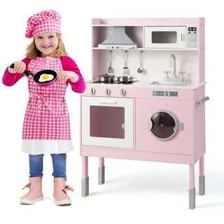 FANTASK Kinderküche mit Spielzubehör, Spielküche aus Holz inkl. Dunstabzugshaube & Waschmaschine & echten Geräuschen & Lichtern, Koch Spielset für Kinder ab 3 Jahren, Rosa (71 x 29 x 101 cm)