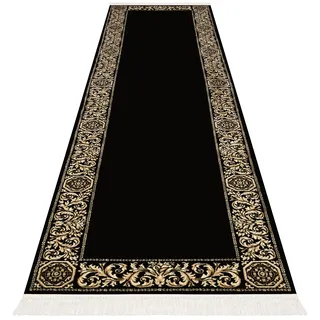 Belle Arti Luxus Flur Teppich Flurteppich Läufer Teppichläufer Schlafzimmer Flur Küche Barock in schwarz Gold - Kurzflor Fransen rutschfest 100% Viskose Seidenglanz öko tex - schwarz, 80x 400cm
