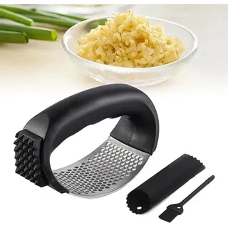 Stainless Steel Garlic Press Rocker, 2025 Neu Knoblauchpresse Edelstahl, 2in1 Edelstahl Knoblauchwippe mit Silikonschäler Reinigungsbürste für Knoblauch Ingwer Mehr (Schwarz)