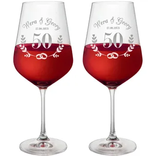AMAVEL Weingläser mit Gravur zur Goldhochzeit, 2er Weingläser Set, Personalisierte Weißweingläser, Geschenke zur Goldhochzeit, 500ml Weinglas Set, Rotweingläser, 50 Hochzeitstag Geschenk
