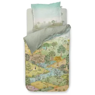 Pip Studio Bettwäsche Cabrera Grün Perkal Landschaft Blumen Pfau Blüten Fluss Idylle, Größe:135 cm x 200 cm