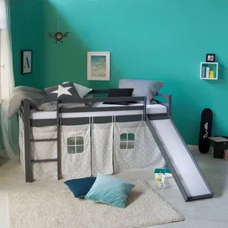 Homestyle4u Hochbett 1871 90 x 200 cm Kiefer massiv grau mit Vorhang Sterne