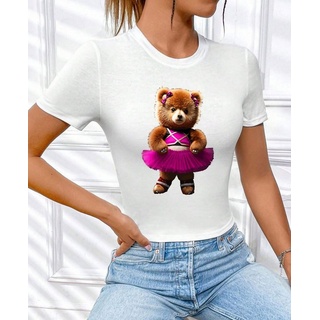 RMK Print-Shirt Damen Shirt Top kurzarm Freizeit Rundhals "Cat Katze" in Unifarbe, aus Baumwolle weiß