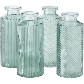 Blumenvase im 4er Set aus Glas in Flaschenform mit Relief Veredelung Dekovase Blumenvase für Ihren Wohnraum - Salbeigrün