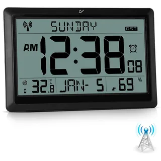 Sukeen Wanduhr Digital Funk, 10,6" Funkuhr Großes, LCD Digitale Wanduhr Batteriebetrieben Tischuhr mit Automatische Zeitsynchronisierung, Temperatur, Luftfeuchtigkeit, Datum, DST, Wecker