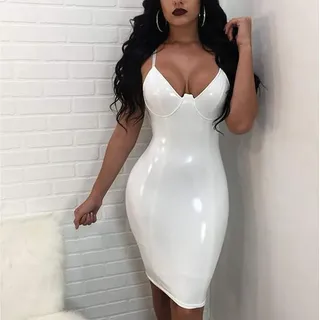 MIAOXIAO Damen Lederkleider Sexy Catsuit-Overall Ärmellos Rückenfrei Reißverschluss Weste Kleid Bodycon Kurz Minikleid Glänzendes Leder Wetlook Kleider Cocktailkleid,Weiß,XL