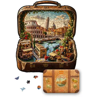 UNIDRAGON Holzpuzzle für Erwachsene - Italy in a Case Puzzle - 500 Teile | 35 x 40 cm - Einzigartig geformte Puzzleteile - Lasergeschnittenes Holz - Holzgeschenkbox