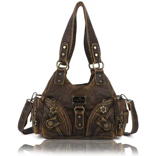 Angel Kiss Kleine Hobo-Umhängetaschen für Damen, Vagen, Leder, mehrere Taschen, Tragetasche mit Reißverschluss, Retro Braun - 25 x 11 x 17,8 cm