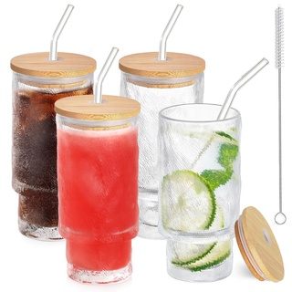 Anhow 4er Cocktail Gläser Set, 350ml Gletscher Longdrinkgläser mit Deckel, Eiskaffee Gläser mit 4 Strohhalm/ 1 Bürsten für Wasser, Cocktails, Saft - Transparent