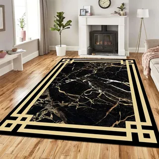 SMXVRC Luxus Schwarzes Gold FläChenteppiche für Schlafzimmer, 180x230cm, Modern Schwarz Gold Marmor Teppich für Esszimmer, Pflegeleichter Hochwertiger rutschfest Teppich für Restaurant