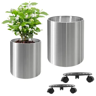 Longrun 25CM & 30CM Edelstahl Zylindrische Blumentopf - Sets, Home Patio Dekor Gartenarbeit Pflanzgefäße Topf