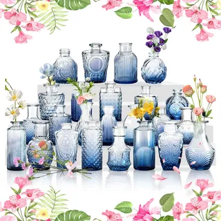 UISEBRT Kleine Vasen für Tischdeko, Vintage Mini Blumenvasen, Glasvasen für Hochzeit, Babyparty, Wohnungsdeko, Kleine Dekovasen für Blumen Pflanzen oder Geschenk,Blau 24er Set