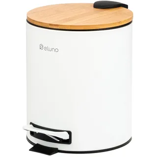 eluno Kosmetikeimer Treteimer 5 Liter aus Bambus und Metall weiß 5 l | 20,5 cm x 25 cm x 27,5 cm