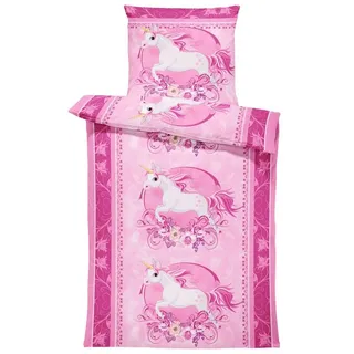 One Home Kinderbettwäsche Unicorn, Mikrofaser, 2 teilig, mit Einhorn und Blumenranke rosa