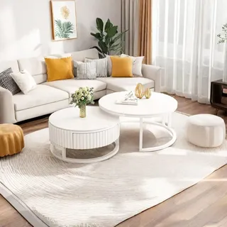 Rund Couchtisch Weiß Wohnzimmer Tisch 2 in 1 Satztische 2er Set Modern Beistelltisch Mit Leisen Schublade Kaffeetisch Mit Metallfüßen 50+70cm Felsplatte Couchtisch Pour Wohnzimmer Schlafzimmer Büro