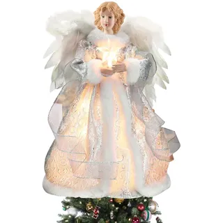 32cm Weihnachtsbaum Engel, Stoff Christbaumspitze, Tannenbaum Spitze Weihnachtsengel Baumspitze Mit Lichtern, Batterie Nicht Enthalten (Silber)