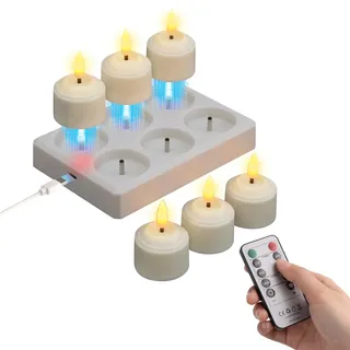 JVURICE 6er Aufladbare Teelichter mit Timer und Ladestation, LED Teelichter Wiederaufladbar, Kerzen Flackernd für Zimmer Wohnzimmer Halloween Weihnachten Hochzeit Tisch Party Deko