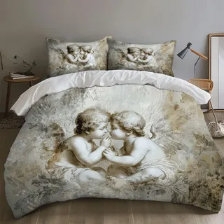 Bettwäsche 135x200 cm 3Teilig Klassisches Muster - Engel Cherubs Bettwäsche-Sets Bügelfrei Microfaser Bettbezug mit Reißverschluss Allergiker Bettdeckenbezug mit 2 mal Kissenbezug 80x80 cm Perlweiß