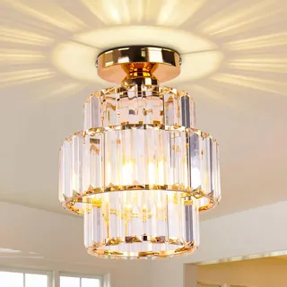 Cainjiazh 2-stufige Kristall-Deckenleuchte E27, Gold | Bündige moderne Deckenlampe mit wechselbaren E27 Leuchtmitteln für Schlafzimmer, Flur, Küche und Bad