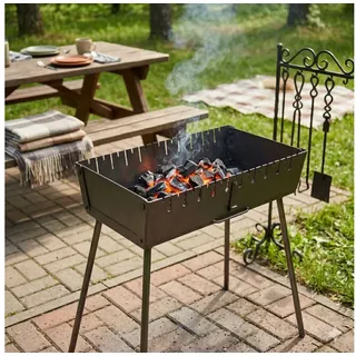 GOROCH Holzkohlegrill Mangal Tragbarer Schaschlik Grillkoffer aus 3 mm Stahl für 10-Spieße grau