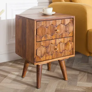 Massivholz Beistelltisch MYSTIC LIVING 60cm Sheesham Retro Nachttisch Schubladen