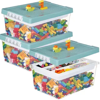 Greentainer Aufbewahrungskorb Spielzeug mit Deckel & Abnehmbares Tablett 3er 30 x 30 x 30 cm Blau