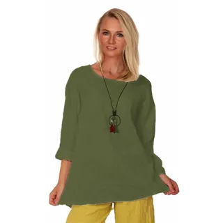 Charis Moda Tunika Tunika Bluse Langarm zum Krempeln unifarben mit Modeschmuckkette grün