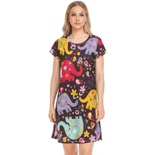 YOUJUNER Damen Nachthemden süßer Elefant bunt Nachtwäsche Kurzarm Schlafshirt Sommer Sleepshirt Nachtkleid Schlafhemd - XL