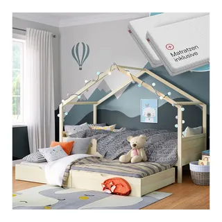 Bellabino Hausbett Bela 90x200 cm aus Massivholz Kiefer (natur, inkl. Gästebett 90x190 cm & Matratze), Kinderbett mit verstellbarem Rausfallschutz braun