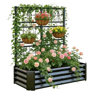 Hochbeet mit Rankgitter, Metall-Pflanzkasten mit Rankgitter, robuster Pflanzkasten für Kletterpflanzen, Gemüse, Tomaten & Blumen,als Sichtschutz für Balkon & Terrasse,121x61x134 cm, Schwarz