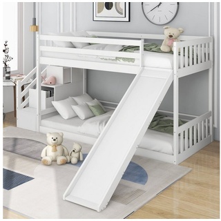 Flieks Etagenbett (mit Rutsche und 2 Schubladen in der Treppe), Hochbett Kiefernholzbett Kinderbett mit Lattenrost 90x200cm weiß