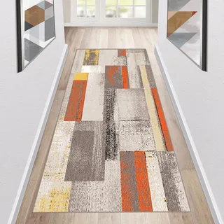 Siunwdiy Teppich Läufer Flur rutschfest Küchenläufer Waschbar Gelb Orange Grün Korridor Teppichläufer Lang Für Küche Wohnzimmer Schlafzimmer Teppichläufer Meterware Anpassbar,Orange,90x350cm