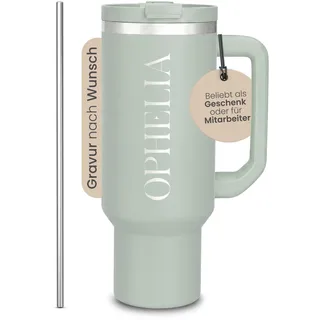 Kumpani® Thermobecher 1,1L mit Strohhalm – Trinkbecher mit Deckel, Wasserdicht & BPA-frei, Isolierter Thermobecher für Heiß- und Kaltgetränke, Perfekt für Zuhause und Unterwegs (Sage, 40oz/1180ml)