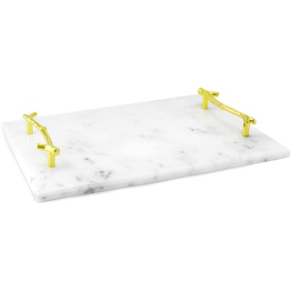 QWORK 30x20cm Rechteckig Serviertablett aus Marmor, marmor tablett, mit Metallgriffen für Küche, Badezimmer, Waschtisch, Hausdekoration