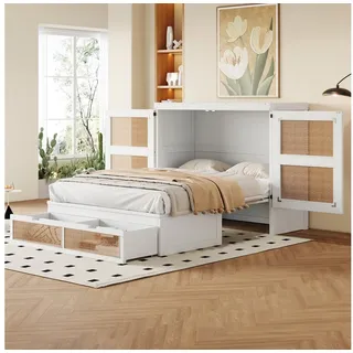 Flieks Schrankbett Holzbett Klappbett 140x200cm mit Schubladen und Rattan-Design weiß