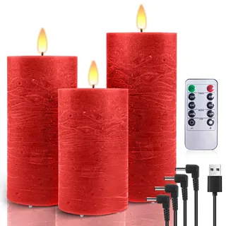 AiiBowy LED Kerzen Aufladbar USB Echtwachs [3er-Set] mit timerfunktion, Kerzen Flackernde Flamme, Adventskranz, LED Stumpenkerzen Outdoor für Halloween Weihnachten Dekoration Rot