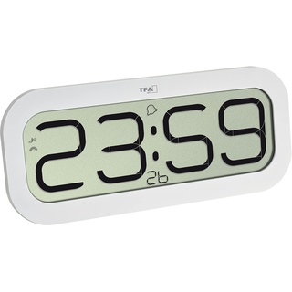TFA Dostmann Digitale Wanduhr mit Stundenschlag Bim Bam, 60.4514.02, Funkuhr mit 5 verschiedenen Stundenklängen (Big Ben, Vogel, Kuckuck, Glocken, Klangschale), Weckfunktion, LED-Display, weiß