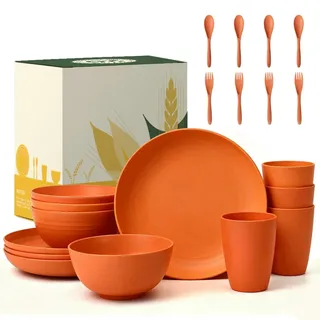 Wrova Plastik Geschirrset 20-Teiliges Leicht Geschirr Set 4 Person mit Gabeln und Löffel Wiederverwendbar Camping Teller Mikrowellengeeignet Tafelservice für Küche, Hochzeit - Orange