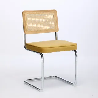 STILVORA Freischwinger Esszimmerstuhl Samt Gold 81x47x41 cm mit Rattan Rückenlehne Chromgestell Cantilever Design atmungsaktiv belastbar