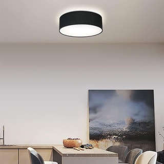 Depuley LED Deckenlampe Rund E27 2 Flammig, 38cm Durchmesse 10cm Höhe Modern Stilvoll Stoffe Leinentextil Lampenschirm Schwarz für Büro Wohnzimm...