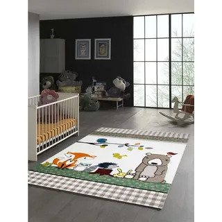 TeppichHome24 Kinderteppich Kinderteppich bunte Tiere mit Bär Fuchs Hase Igel Eule Vögel, rechteckig, Höhe: 1.3 mm beige|braun|bunt|gelb|grün|orange|rot|weiß rechteckig | 200 cm x 290 cm x 1.3 mm