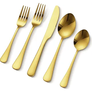 Vevor 100-teiliges Goldbesteckset, lebensmittelechtes Edelstahlbesteck, für 20 Personen, spülmaschinenfest, inklusive Messer, Gabel Löffel